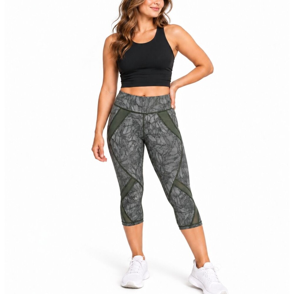 Lululemon Cool to Street Crop Leggings Green Leaf Print Mesh Panels Size 6
